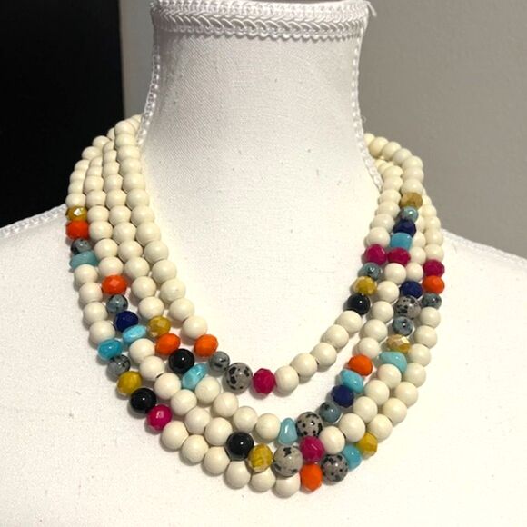 4 Strand White Multicolored Chunky Mix Beads Gold Tone Claw Clasp Necklace - Picture 2 of 6